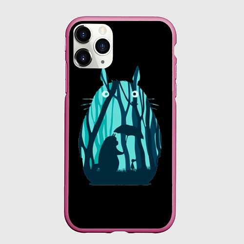 Чехол iPhone 11 Pro матовый Тоторо в лесу / 3D-Малиновый – фото 1