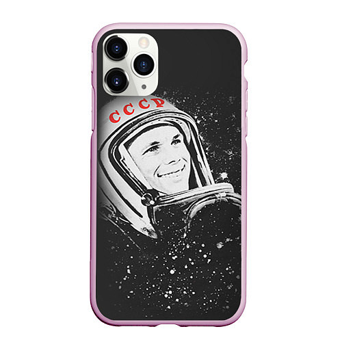 Чехол iPhone 11 Pro матовый Гагарин в космосе / 3D-Розовый – фото 1