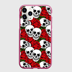 Чехол iPhone 11 Pro матовый Черепа в розах, цвет: 3D-малиновый