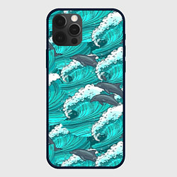 Чехол для iPhone 12 Pro Max Лазурные дельфины, цвет: 3D-черный