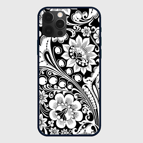 Чехол iPhone 12 Pro Max Хохлома черно-белая / 3D-Черный – фото 1