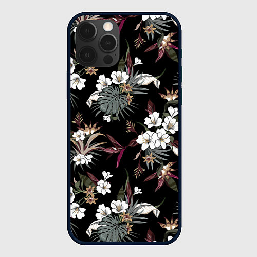 Чехол iPhone 12 Pro Max Белые цветы в темноте / 3D-Черный – фото 1