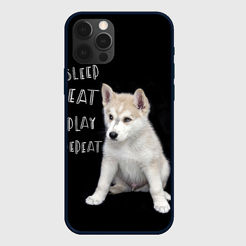 Чехол iPhone 12 Pro Max Sleep Eat Play Repeat Хаски щенок / 3D-Черный – фото 1