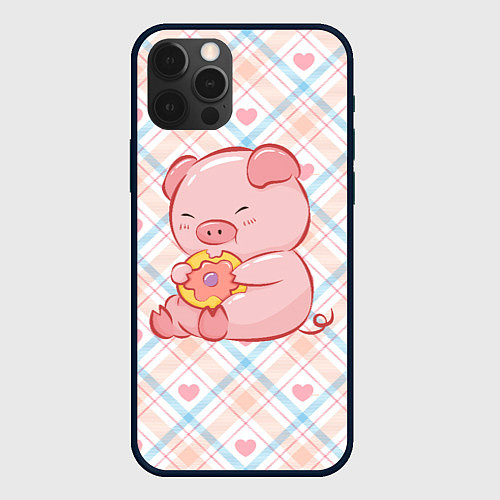 Чехол iPhone 12 Pro Max Свинка ест пончик / 3D-Черный – фото 1