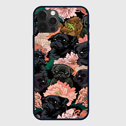 Чехол для iPhone 12 Pro Max Мопсы и Цветы, цвет: 3D-черный