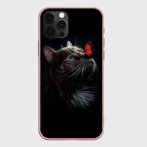 Чехол iPhone 12 Pro Max Котик и бабочка / 3D-Светло-розовый – фото 1