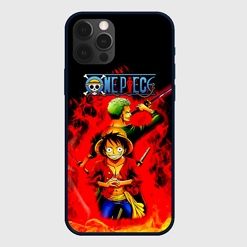 Чехол iPhone 12 Pro Max Зоро и Луффи в огне One Piece / 3D-Черный – фото 1