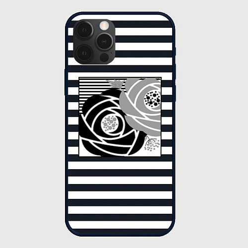 Чехол iPhone 12 Pro Max Аппликация розы на полосатом / 3D-Черный – фото 1