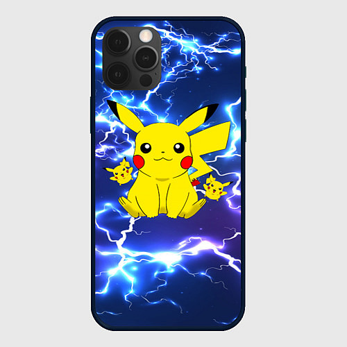 Чехол iPhone 12 Pro Max ПИКАЧУ НА ФОНЕ МОЛНИЙ PIKACHU FLASH / 3D-Черный – фото 1