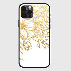 Чехол для iPhone 12 Pro Max Золотые цветы на белом, цвет: 3D-черный