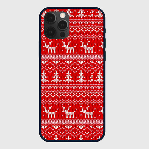 Чехол iPhone 12 Pro Max Новогодний узор с оленями и елкой / 3D-Черный – фото 1
