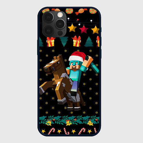 Чехол iPhone 12 Pro Max Новогодний Майнкрафт, Minecraft / 3D-Черный – фото 1