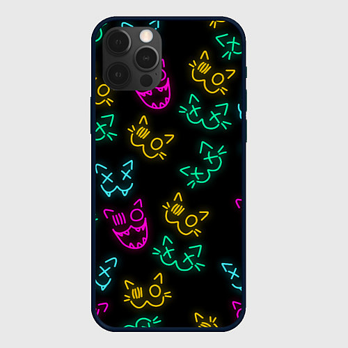 Чехол iPhone 12 Pro Max НЕОНОВЫЕ КОТИКИ NEON FACES CATS / 3D-Черный – фото 1