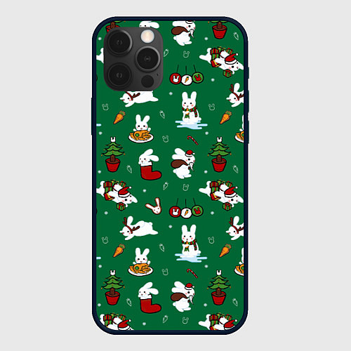 Чехол iPhone 12 Pro Max Новогодний паттерн с зайчиками / 3D-Черный – фото 1