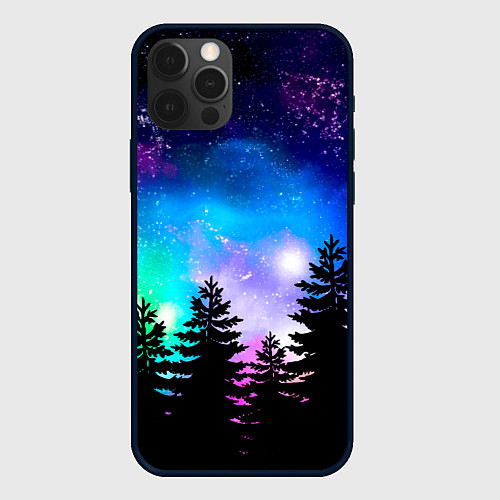 Чехол iPhone 12 Pro Max Космический лес, елки и звезды / 3D-Черный – фото 1