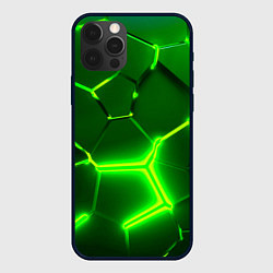 Чехол iPhone 12 Pro Max 3D ПЛИТЫ НЕОН NEON GREEN HEXAGON РАЗЛОМ