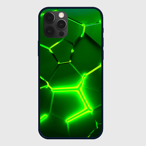 Чехол iPhone 12 Pro Max 3D ПЛИТЫ НЕОН NEON GREEN HEXAGON РАЗЛОМ / 3D-Черный – фото 1