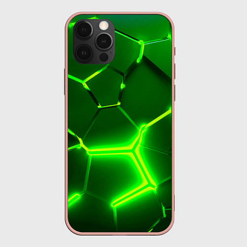 Чехол iPhone 12 Pro Max 3D ПЛИТЫ НЕОН NEON GREEN HEXAGON РАЗЛОМ / 3D-Светло-розовый – фото 1