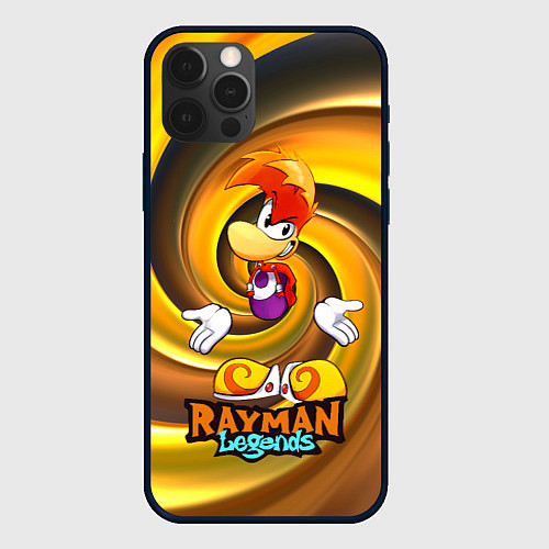 Чехол iPhone 12 Pro Max Rayman Legends на фоне желтой спирали / 3D-Черный – фото 1