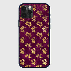Чехол iPhone 12 Pro Max Золотые ветки на бордовом фоне