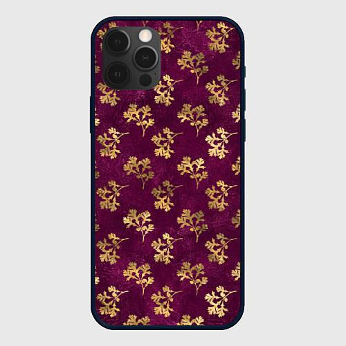 Чехол iPhone 12 Pro Max Золотые ветки на бордовом фоне / 3D-Черный – фото 1