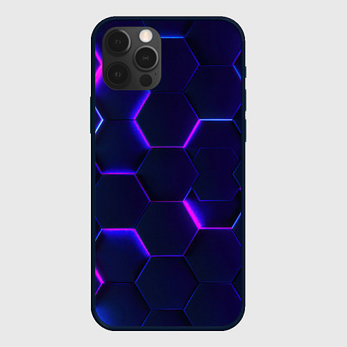 Чехол iPhone 12 Pro Max Соты - неон / 3D-Черный – фото 1