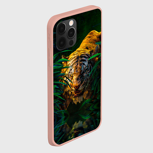 Чехол iPhone 12 Pro Max Крадущийся тигр в джунглях / 3D-Светло-розовый – фото 2