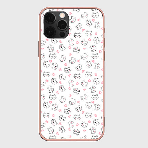 Чехол iPhone 12 Pro Max Кошачий паттерн с щечками и лапками Милота / 3D-Светло-розовый – фото 1