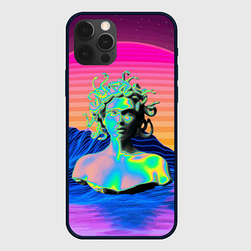 Чехол iPhone 12 Pro Max Gorgon Medusa Vaporwave Neon Mountains / 3D-Черный – фото 1