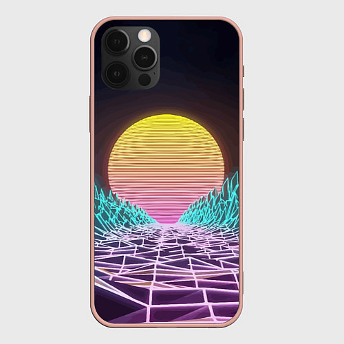 Чехол iPhone 12 Pro Max Vaporwave Закат солнца в горах Neon / 3D-Светло-розовый – фото 1
