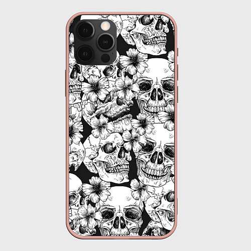 Чехол iPhone 12 Pro Max Чёрно белые черепа и маки / 3D-Светло-розовый – фото 1