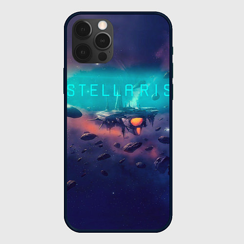 Чехол iPhone 12 Pro Max Stellaris космический корабль на фоне астероидов / 3D-Черный – фото 1