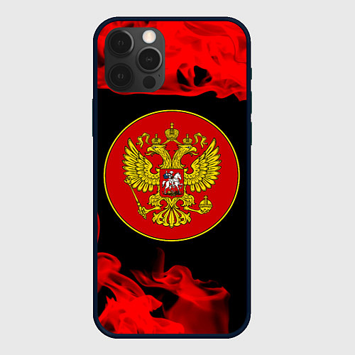 Чехол iPhone 12 Pro Max RUSSIA - ГЕРБ - Пламя / 3D-Черный – фото 1