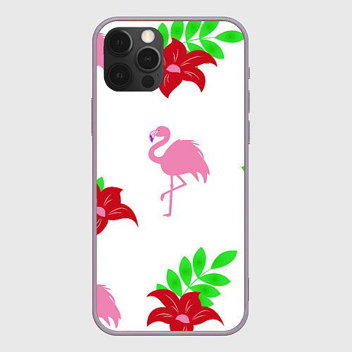 Чехол iPhone 12 Pro Max Розовый фламинго с цветами / 3D-Серый – фото 1