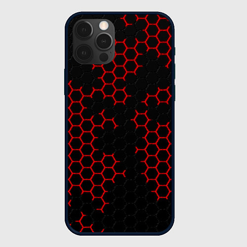 Чехол iPhone 12 Pro Max НАНОКОСТЮМ Black and Red Hexagon Гексагоны / 3D-Черный – фото 1