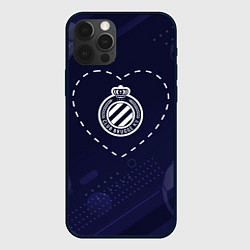 Чехол для iPhone 12 Pro Max Лого Club Brugge в сердечке на фоне мячей, цвет: 3D-черный