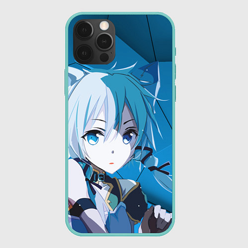 Чехол iPhone 12 Pro Max Catgirl с синими ушками / 3D-Мятный – фото 1