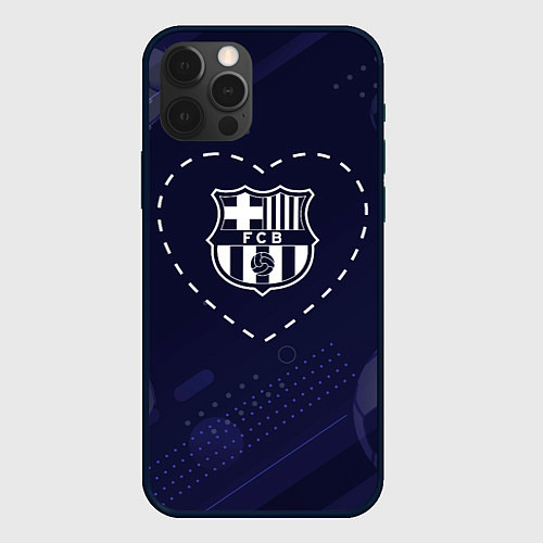 Чехол iPhone 12 Pro Max Лого Barcelona в сердечке на фоне мячей / 3D-Черный – фото 1