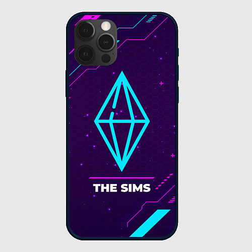 Чехол iPhone 12 Pro Max Символ The Sims в неоновых цветах на темном фоне / 3D-Черный – фото 1