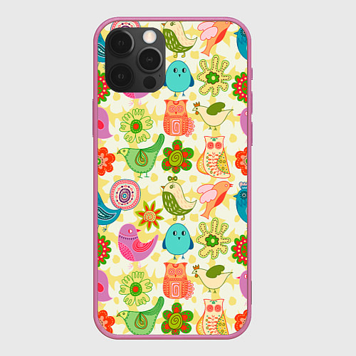 Чехол iPhone 12 Pro Max COLORFUL BIRDS / 3D-Малиновый – фото 1