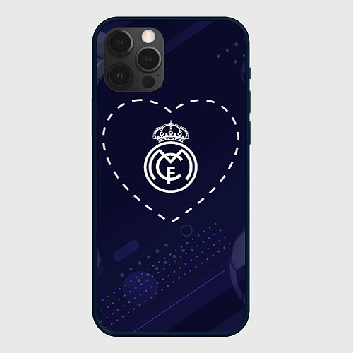 Чехол iPhone 12 Pro Max Лого Real Madrid в сердечке на фоне мячей / 3D-Черный – фото 1
