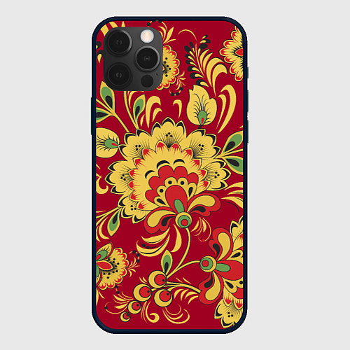 Чехол iPhone 12 Pro Max Хохломская Роспись Цветы На красном Фоне / 3D-Черный – фото 1