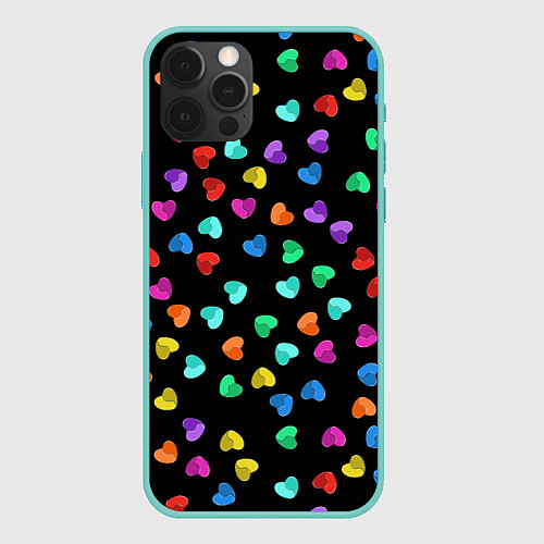 Чехол iPhone 12 Pro Max Сердечки разноцветные на черном / 3D-Мятный – фото 1