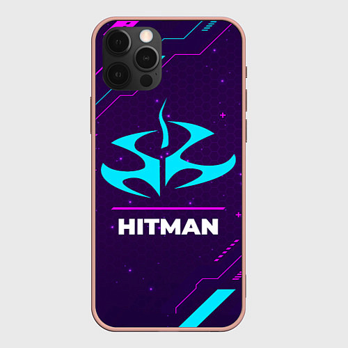 Чехол iPhone 12 Pro Max Символ Hitman в неоновых цветах на темном фоне / 3D-Светло-розовый – фото 1