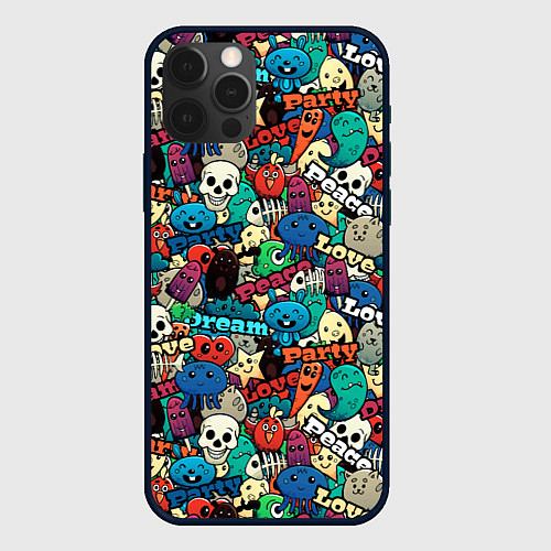 Чехол iPhone 12 Pro Max Граффити черепа и рожицы / 3D-Черный – фото 1