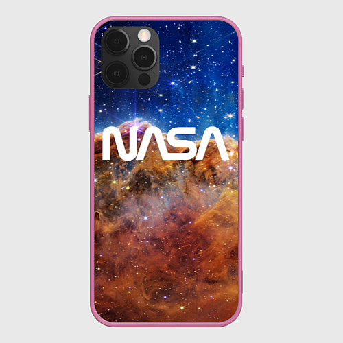 Чехол iPhone 12 Pro Max Лого NASA и Туманность Киля / 3D-Малиновый – фото 1