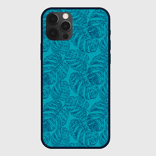 Чехол iPhone 12 Pro Max Синие листья монстеры на голубом / 3D-Черный – фото 1