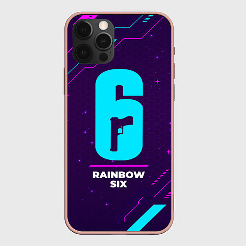 Чехол iPhone 12 Pro Max Символ Rainbow Six в неоновых цветах на темном фон / 3D-Светло-розовый – фото 1