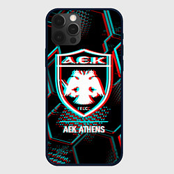 Чехол iPhone 12 Pro Max AEK Athens FC в стиле Glitch на темном фоне