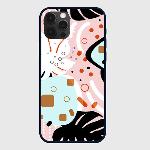 Чехол iPhone 12 Pro Max Абстрактные фигуры с пальмовыми листами на розовом / 3D-Черный – фото 1